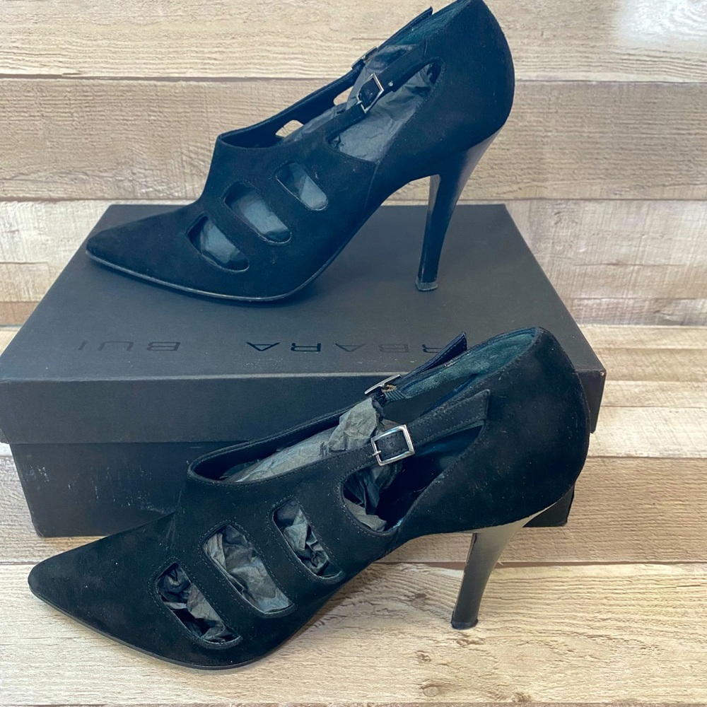 Barabara Bui black high heel strappy suede closed toe dressy shoe size 9.5